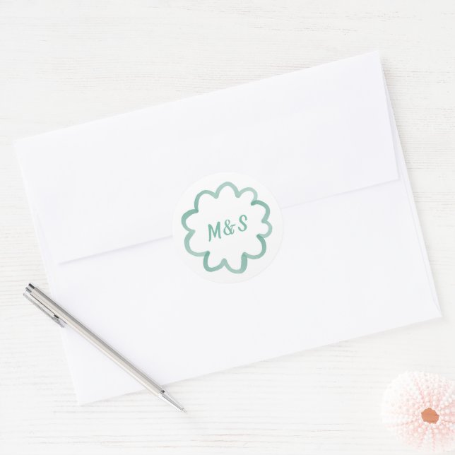 Whimsical White Olive Green Hand Drawn Monogram Classic Round Sticker (Envelope)