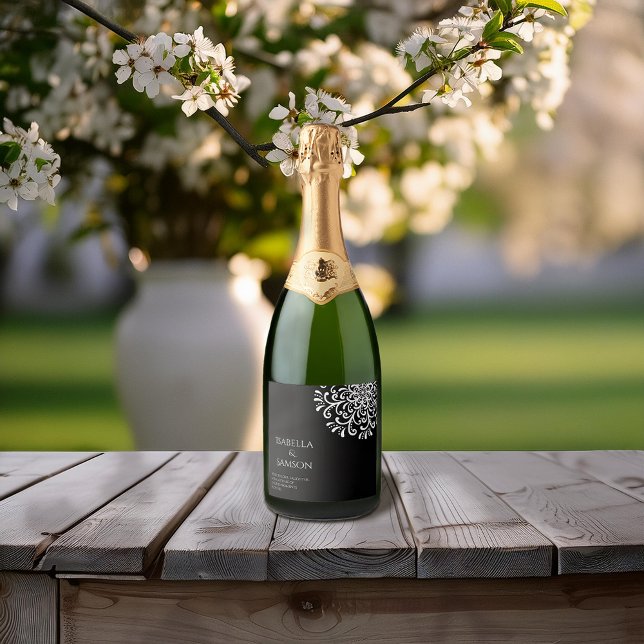 Whimsical White on Black Flourish Sparkling Wine Label (Creator Uploaded)