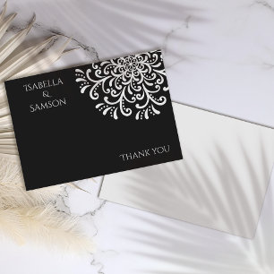 Whimsical White on Black Flourish Thank you card