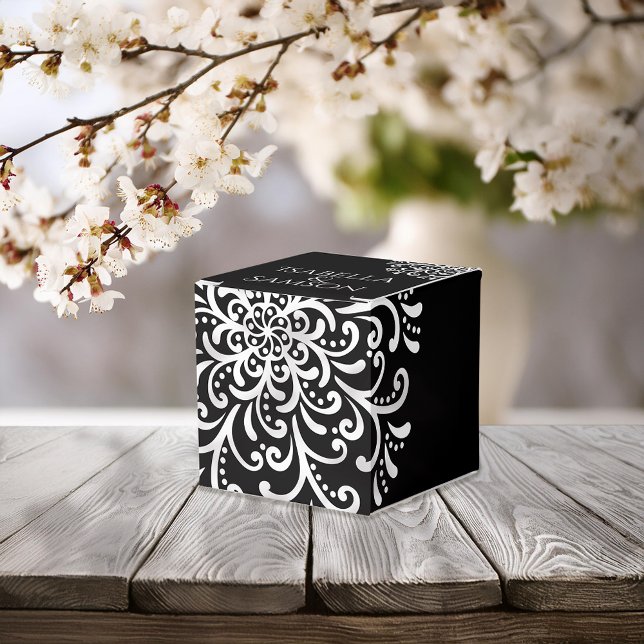 Whimsical White on Black Flourish Wedding Favour Box (Creator Uploaded)