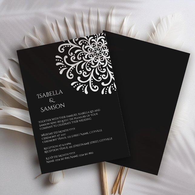 Whimsical white on black Flourish Wedding Invitation (Creator Uploaded)