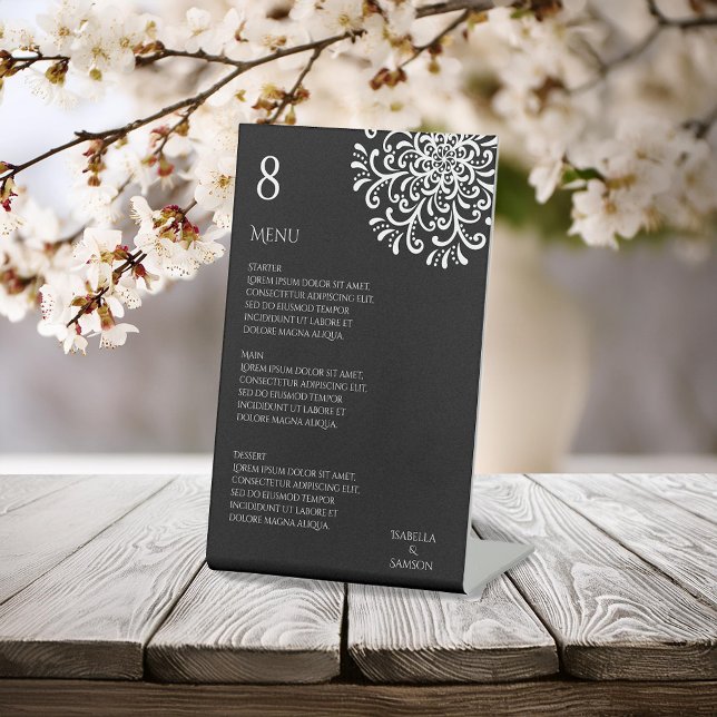 Whimsical White on Black Flourish Wedding Menu Pedestal Sign (Creator Uploaded)