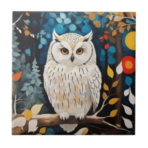 Whimsical White Owl In Colourful Vibrant Forest Ceramic Tile