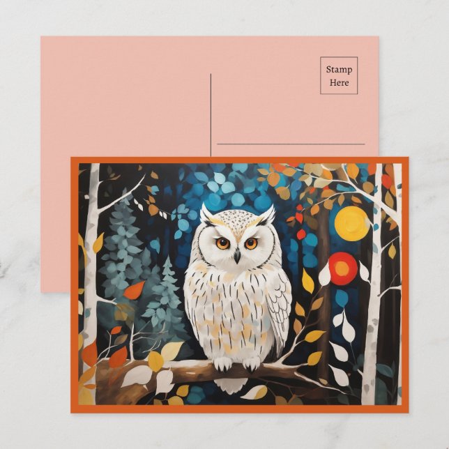 Whimsical White Owl In Colourful Vibrant Forest  Postcard (Front/Back)