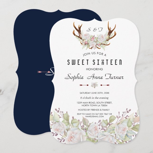 Whimsical White Pink Flowers Antlers Sweet 16 Invitation (Front/Back)