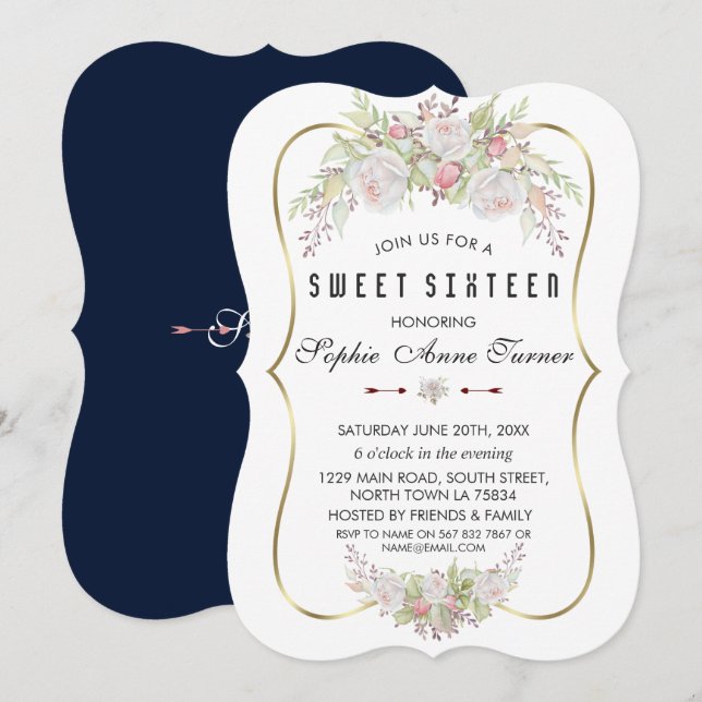 Whimsical White Pink Flowers Gold Frame Sweet 16 Invitation (Front/Back)