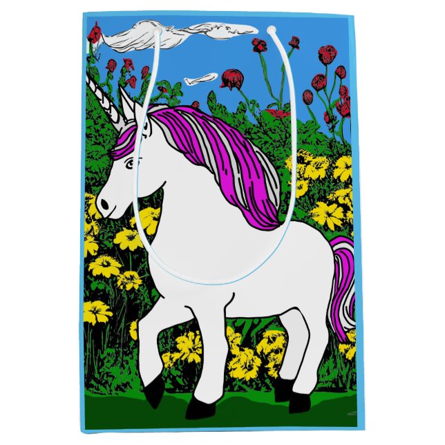 Whimsical White Purple Birthday Unicorn Medium Gift Bag (Front)