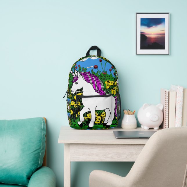 Whimsical White Purple Birthday Unicorn Printed Backpack (Insitu)