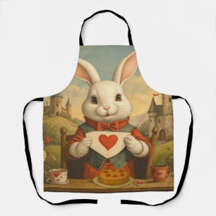 Whimsical White Rabbit Hearts Enchanted Wonderland Apron