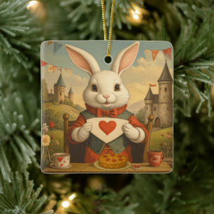 Whimsical White Rabbit Hearts Enchanted Wonderland Ceramic Ornament
