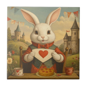 Whimsical White Rabbit Hearts Enchanted Wonderland Ceramic Tile