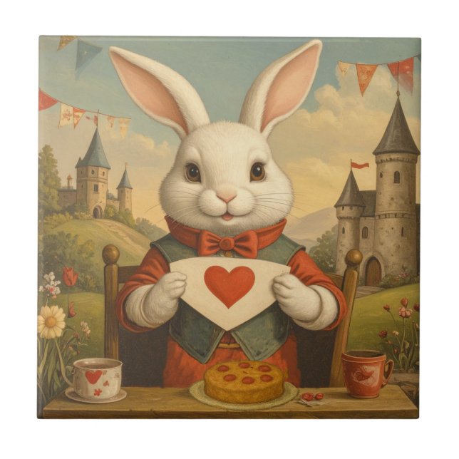 Whimsical White Rabbit Hearts Enchanted Wonderland Ceramic Tile (Front)