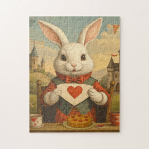 Whimsical White Rabbit Hearts Enchanted Wonderland Jigsaw Puzzle