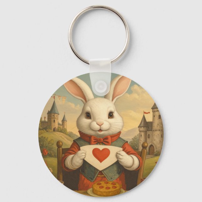 Whimsical White Rabbit Hearts Enchanted Wonderland Key Ring (Front)