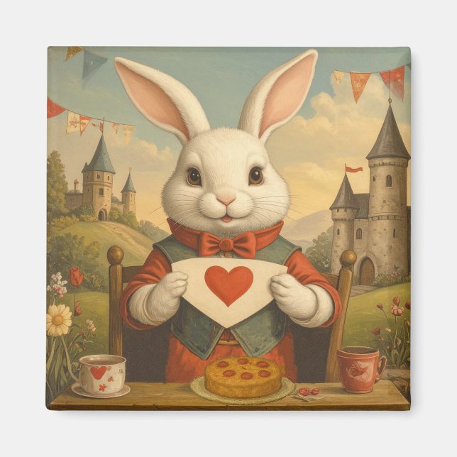 Whimsical White Rabbit Hearts Enchanted Wonderland Magnet (Front)