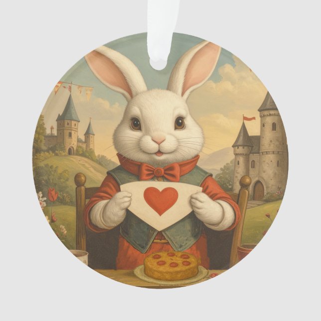 Whimsical White Rabbit Hearts Enchanted Wonderland Ornament (Front)