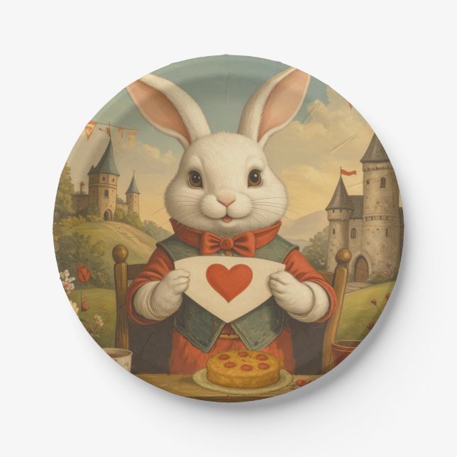 Whimsical White Rabbit Hearts Enchanted Wonderland Paper Plate (Front)