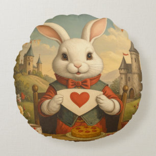 Whimsical White Rabbit Hearts Enchanted Wonderland Round Cushion