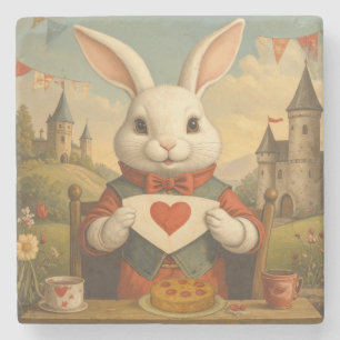 Whimsical White Rabbit Hearts Enchanted Wonderland Stone Coaster
