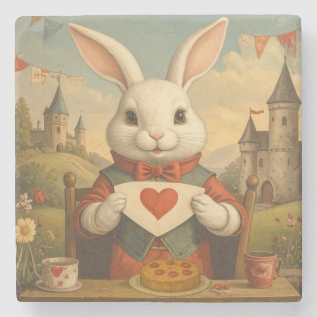 Whimsical White Rabbit Hearts Enchanted Wonderland Stone Coaster (Front)