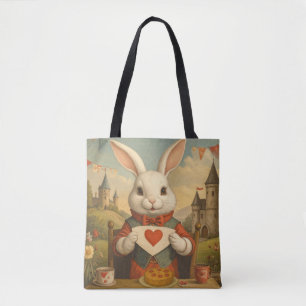 Whimsical White Rabbit Hearts Enchanted Wonderland Tote Bag