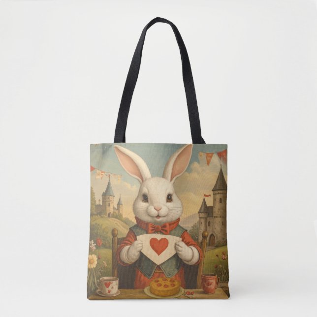 Whimsical White Rabbit Hearts Enchanted Wonderland Tote Bag (Front)