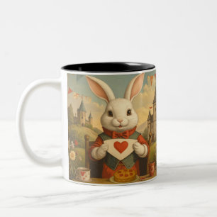 Whimsical White Rabbit Hearts Enchanted Wonderland Two-Tone Coffee Mug