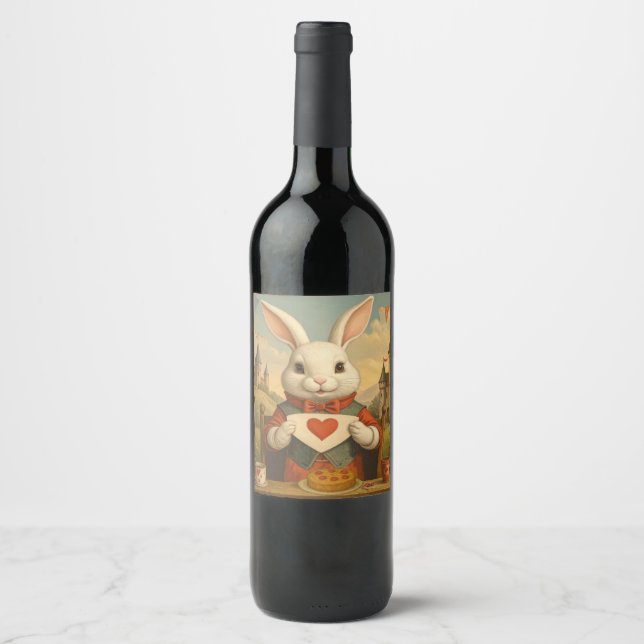 Whimsical White Rabbit Hearts Enchanted Wonderland Wine Label (Front)