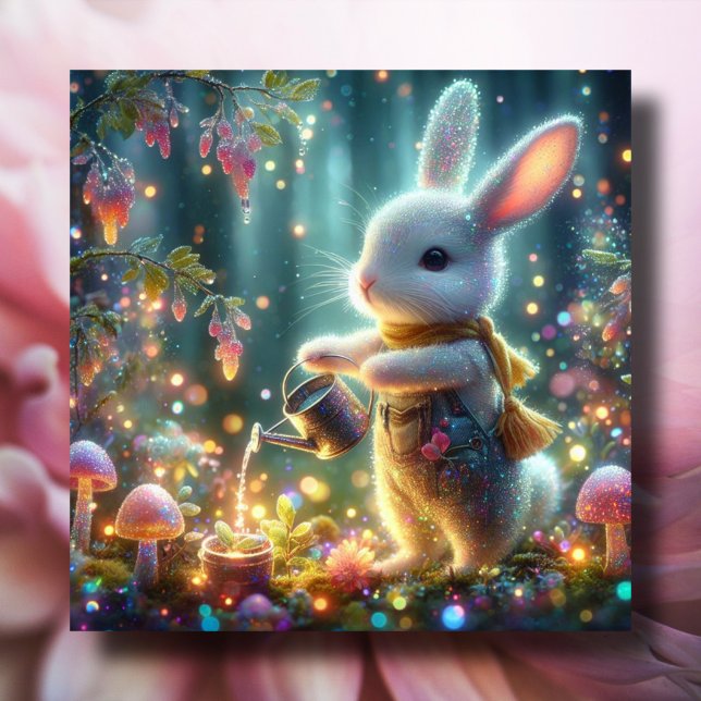 Whimsical  White Rabbit Watering Flowers Easter  Holiday Card (Creator Uploaded)