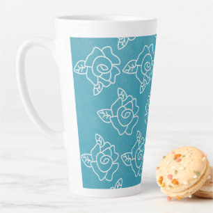 Whimsical White Roses Hand-Drawn Floral Turquoise Latte Mug