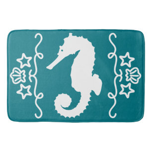 Whimsical White Seahorse Nautical Ocean Bath Mat