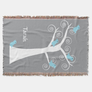 Whimsical White Spiral Tree with Blue Birds Grey Throw Blanket