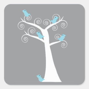 Whimsical White Spiral Tree with Blue Birds Square Sticker