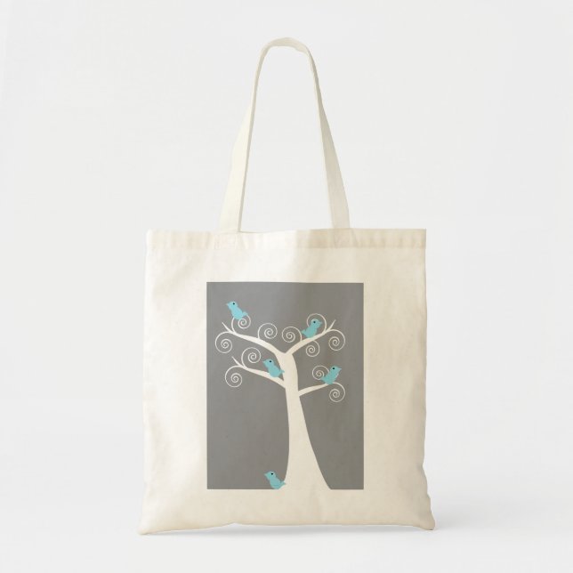 Whimsical White Spiral Tree with Blue Birds  Tote Bag (Front)