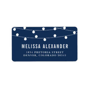 Whimsical White String Lights Navy Blue Wedding Label