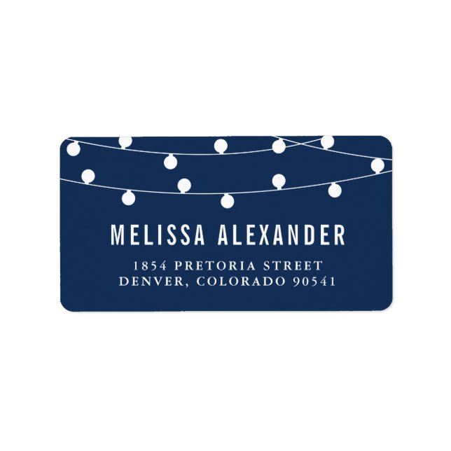 Whimsical White String Lights Navy Blue Wedding Label (Front)