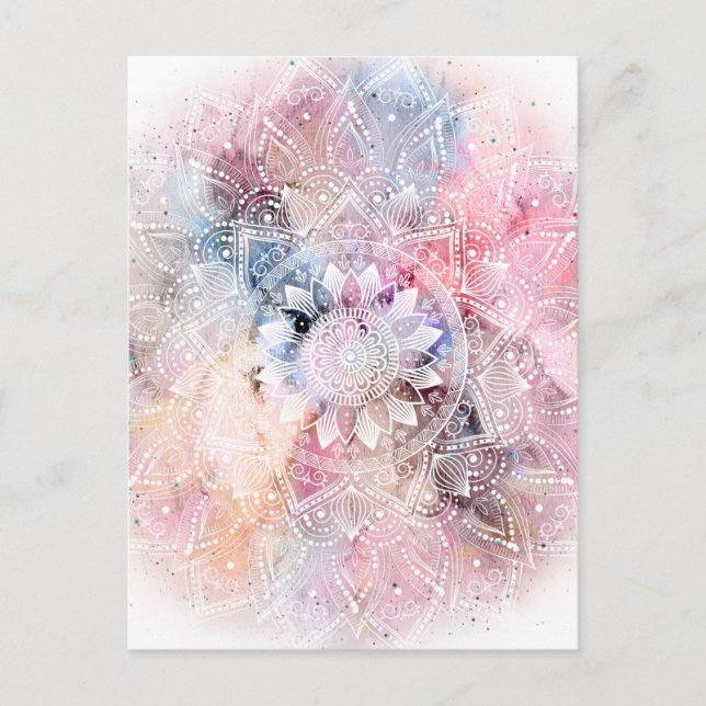 Whimsical white watercolor mandala design postcard (Front)