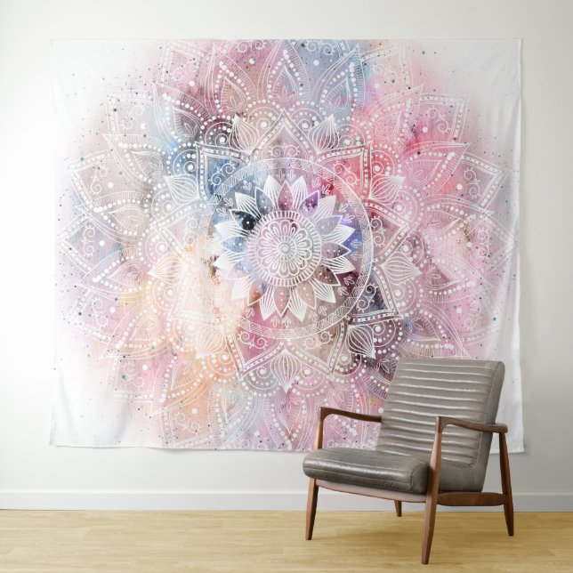 Whimsical white watercolor mandala design tapestry (In Situ (Horizontal))