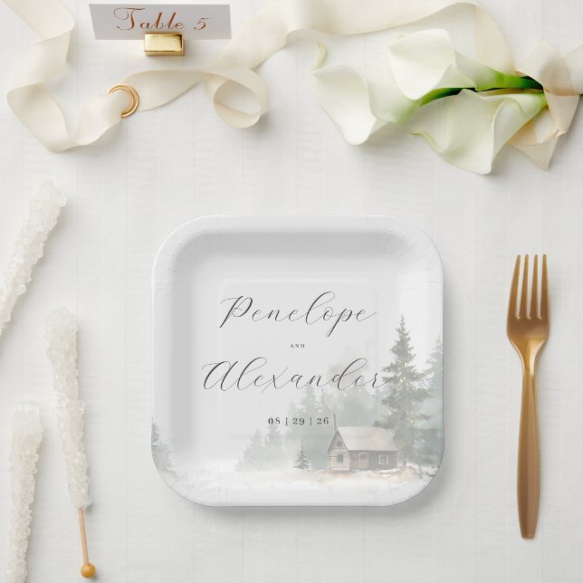 Whimsical White Winter Cabin Paper Plate (Wedding)
