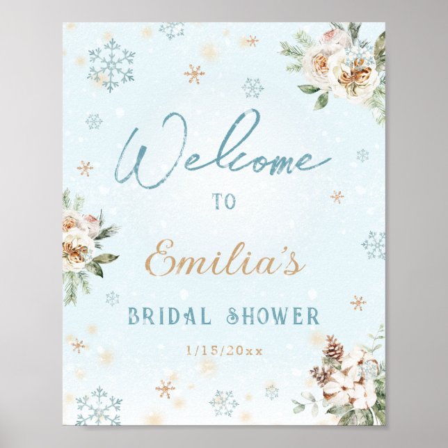 Whimsical White Winter Snow Frozen Bridal Shower Poster (Front)
