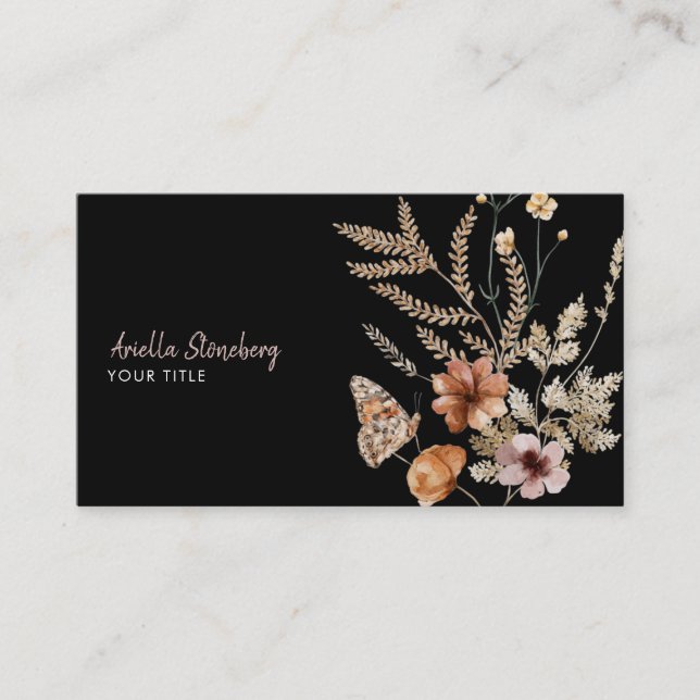 Whimsical Wildflower Blooms Floral Botanical Black Business Card (Front)