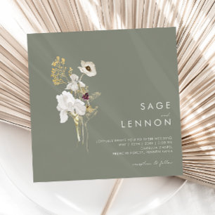 Whimsical Wildflower Bouquet   Sage Green Square Invitation