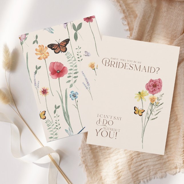 Whimsical Wildflower Butterfly Bridesmaid Proposal Invitation (Simple Colorful Wildflower Floral Wedding Be My Bridesmaid Proposal Card)