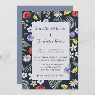 Whimsical Wildflower Dark Blue Wedding Invitation