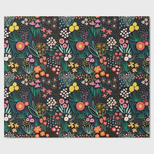 Whimsical Wildflower Dark Garden Folk Print Wrapping Paper (Flat)