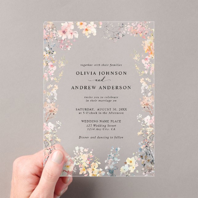 Whimsical Wildflower Elegant Modern Floral Wedding Acrylic Invitations (Insitu (Handheld))