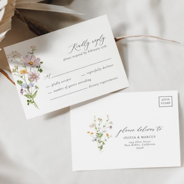 Whimsical Wildflower Elegant Wedding RSVP Card (RSVP Card Front/Back)