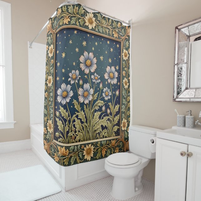 Whimsical Wildflower Evening Dusty Purple Floral Shower Curtain (In Situ)