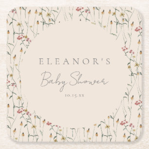 Whimsical Wildflower Floral Custom Baby Shower Square Paper Coaster