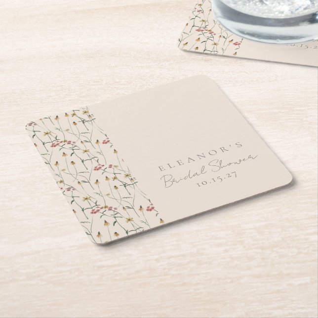Whimsical Wildflower Floral Custom Bridal Shower Square Paper Coaster (Angled)